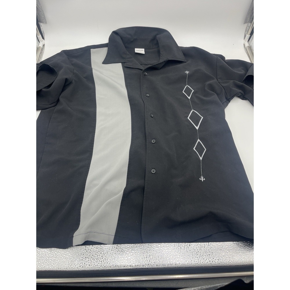 Designs by Attila Button Up Shirt Men's XL Black Gray Panel Geometric Retro